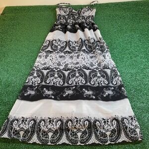 She Scool Paisley Maxi Dress Womens Small Black‎ White Smocked Waist